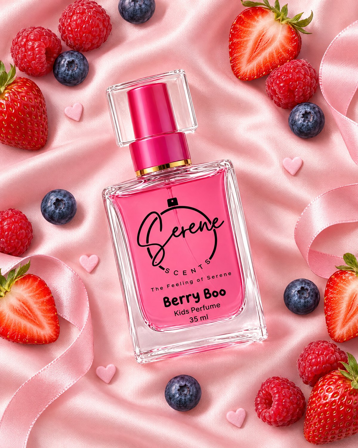 Berry Boo Kids Perfume flat lay on pink satin with berries